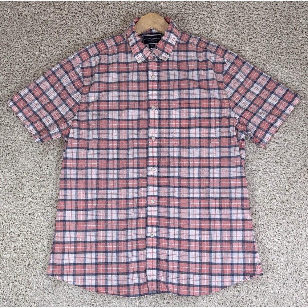 Charles Tyrwhitt Shirt Men Large Pink Plaid Excellent Slim Fit Non-Iron Cotton
